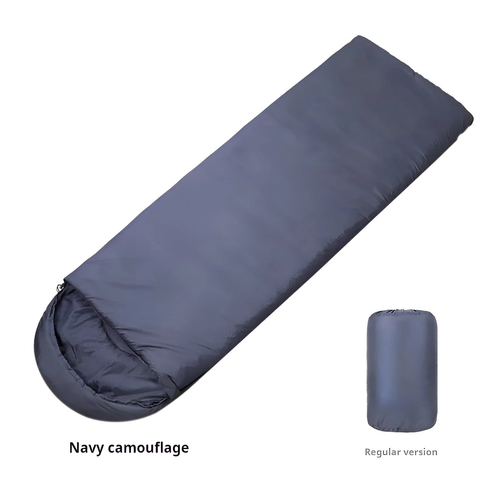 Navy blue envelope-style camping sleeping bag for adults on a plain background.