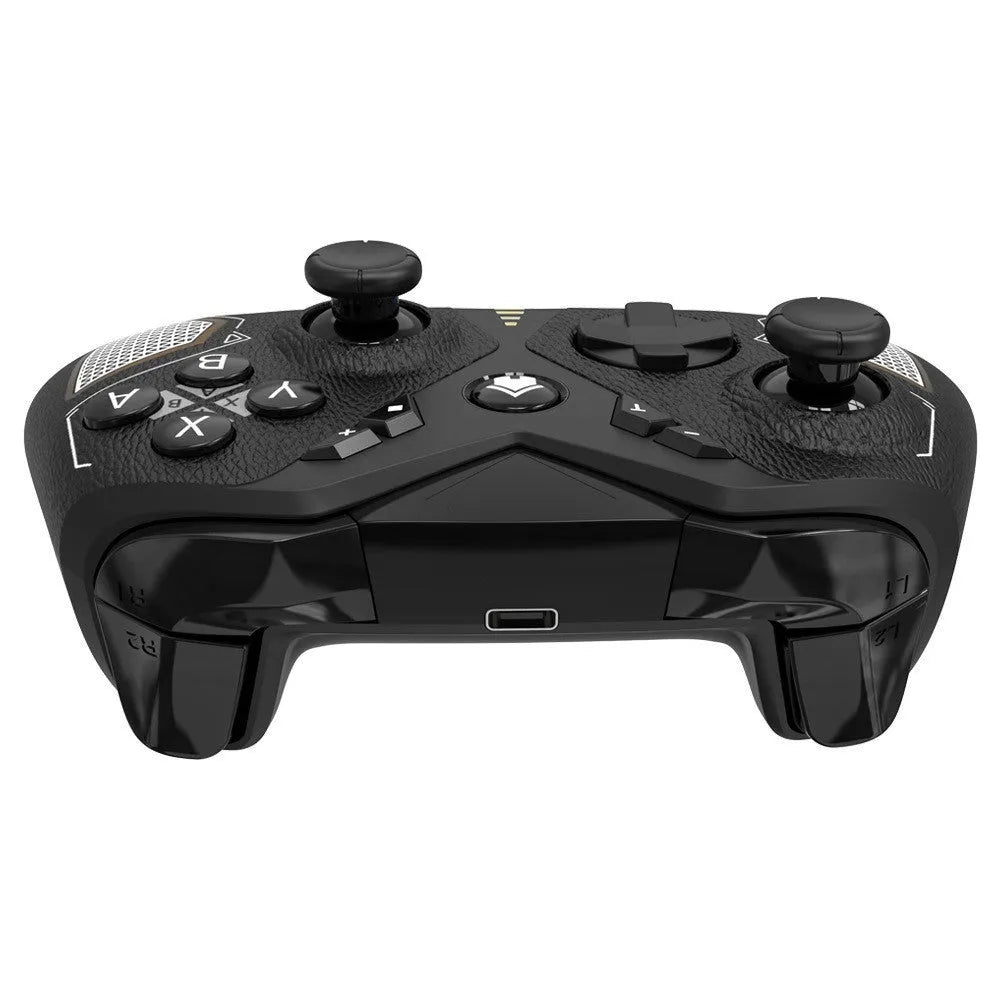 Black wireless game controller with leather-like texture, shown front and back, with Type-C port.