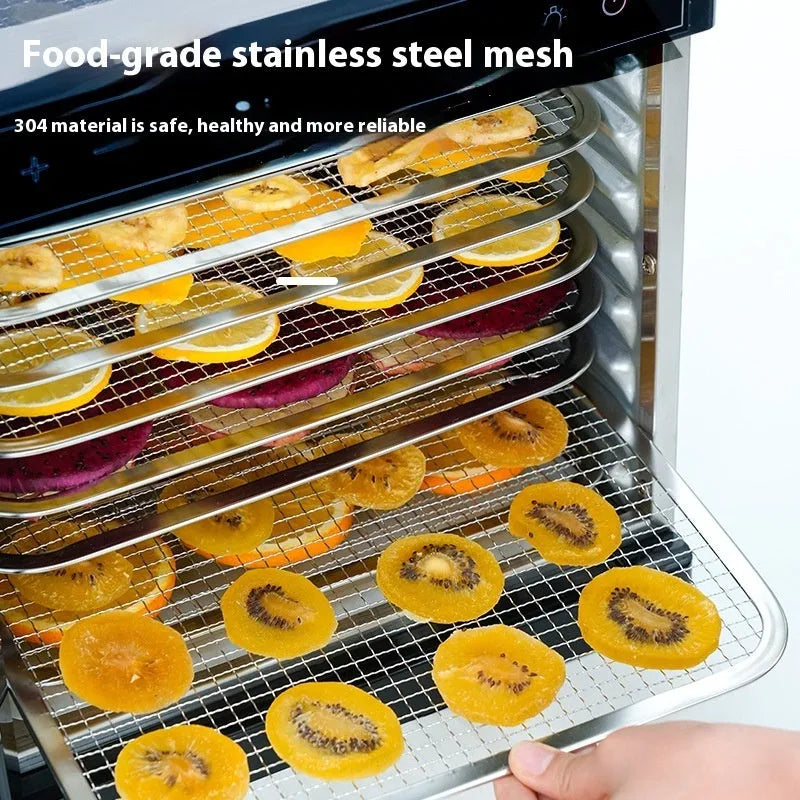 Stainless steel fruit dehydrator with multiple trays, LED control panel, and visual skylight design.