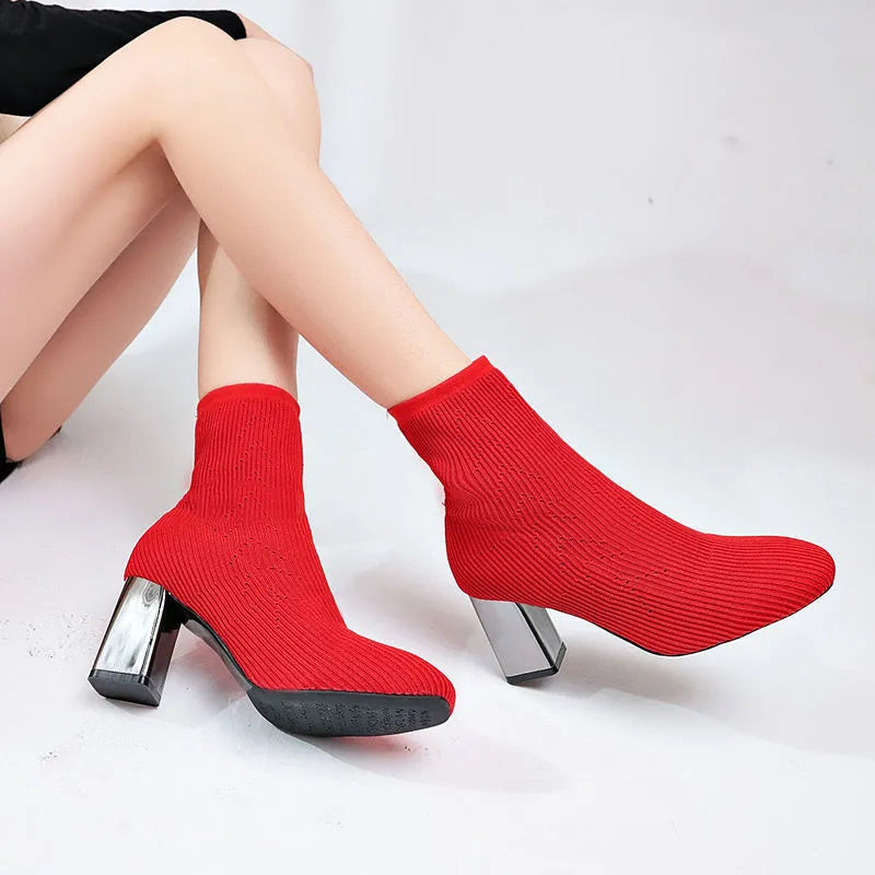 Elastic women's boots flat heel mesh panel short tube PU black colour size 34-40