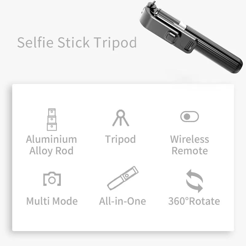 Black aluminium tripod selfie stick extended with an iPhone mounted, showing 186mm to 700mm range.
