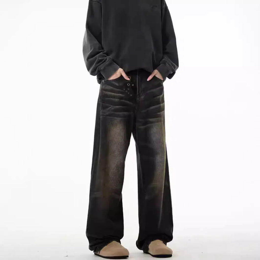 Men's retro straight-leg jeans in Black Gray, low waist, high elasticity denim, available in sizes S-3XL