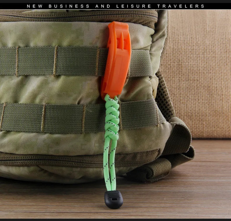Fire survival whistle in black or orange, high impact plastic, 7.2cm x 2cm, with 10cm or 50cm lanyard