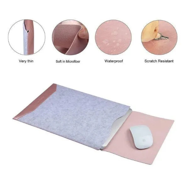 Minimalist black fabric laptop sleeve with built-in mouse pad on a flat surface