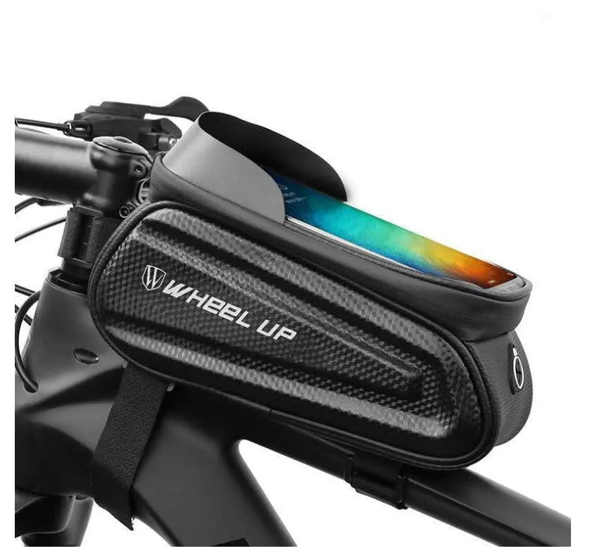 Black and grey EVA bicycle phone bag with reflective strip mounted on a bike frame tube