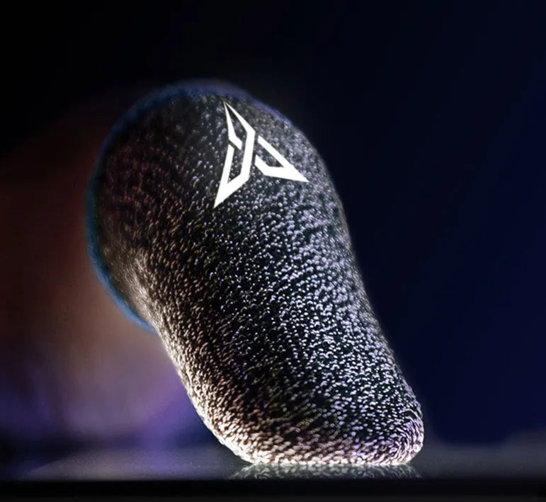 Green silver fibre gaming thumb sleeve with a reflective logo, designed for sweat absorption and improved controller grip.