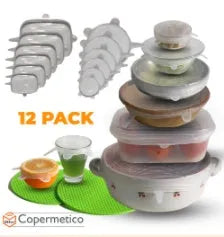 Six round stretch silicone covers in assorted colours, sizes 2.6 to 8.3 inches