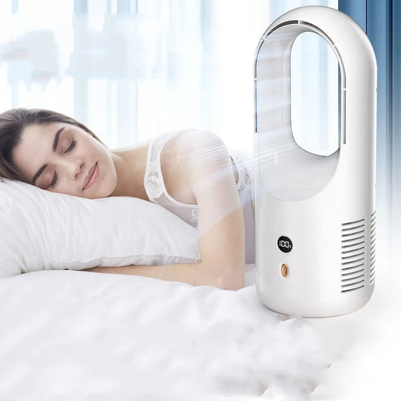 USB rechargeable bladeless desktop fan X28 with LED display showing silent portable cooling