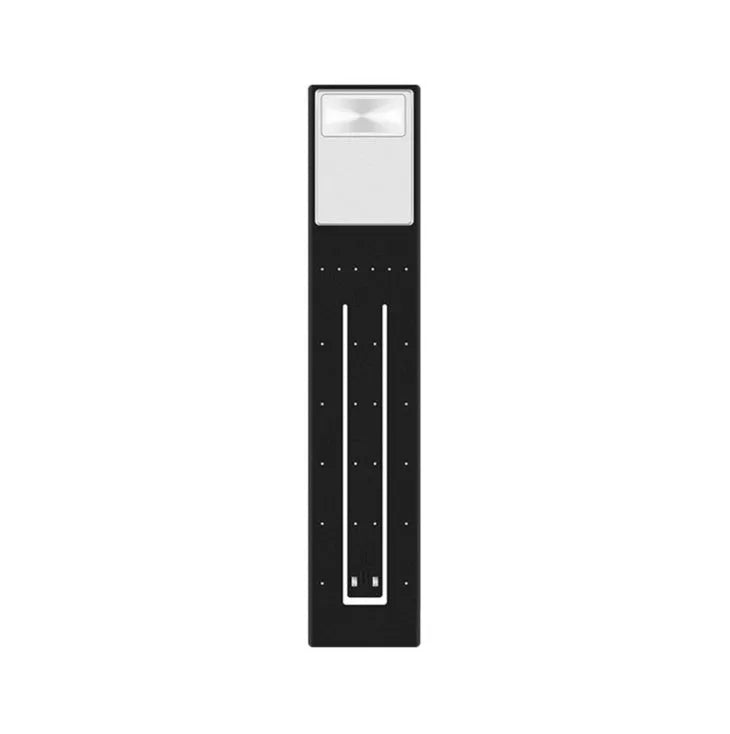 Black folding LED reading lamp showing extended 205mm length and adjustable brightness settings