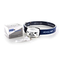 Rechargeable LED head-mounted sensor headlight in black on an adjustable webbing headband.