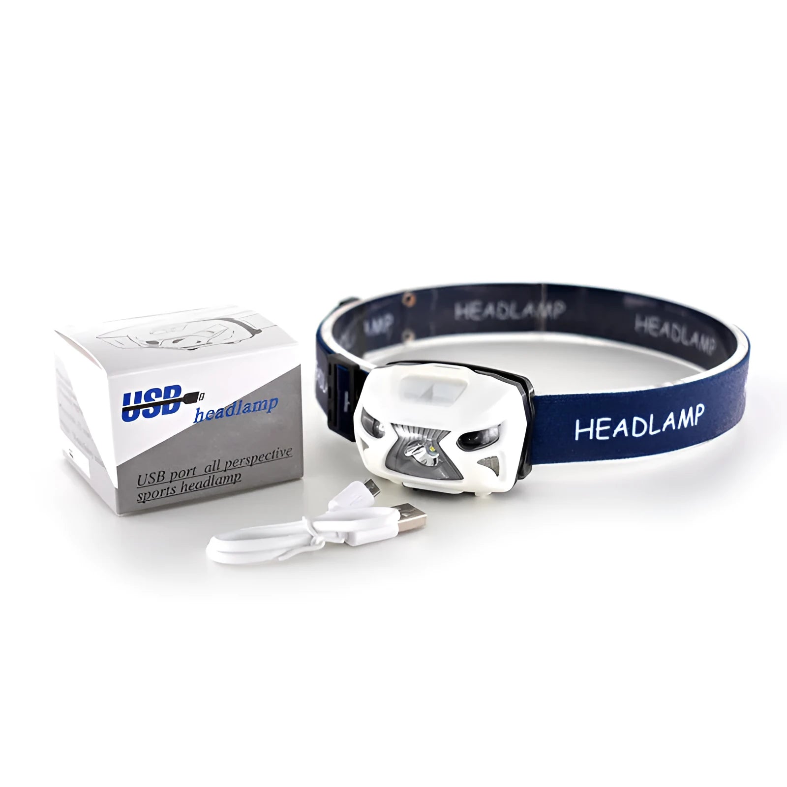 Rechargeable LED head-mounted sensor headlight in black on an adjustable webbing headband.