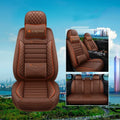 Car seat cushion with leather cover in red, shown on a car seat.