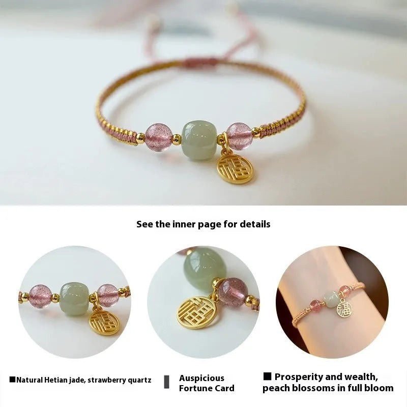 Adjustable red rope bracelet with natural stone beads in national Chinese style
