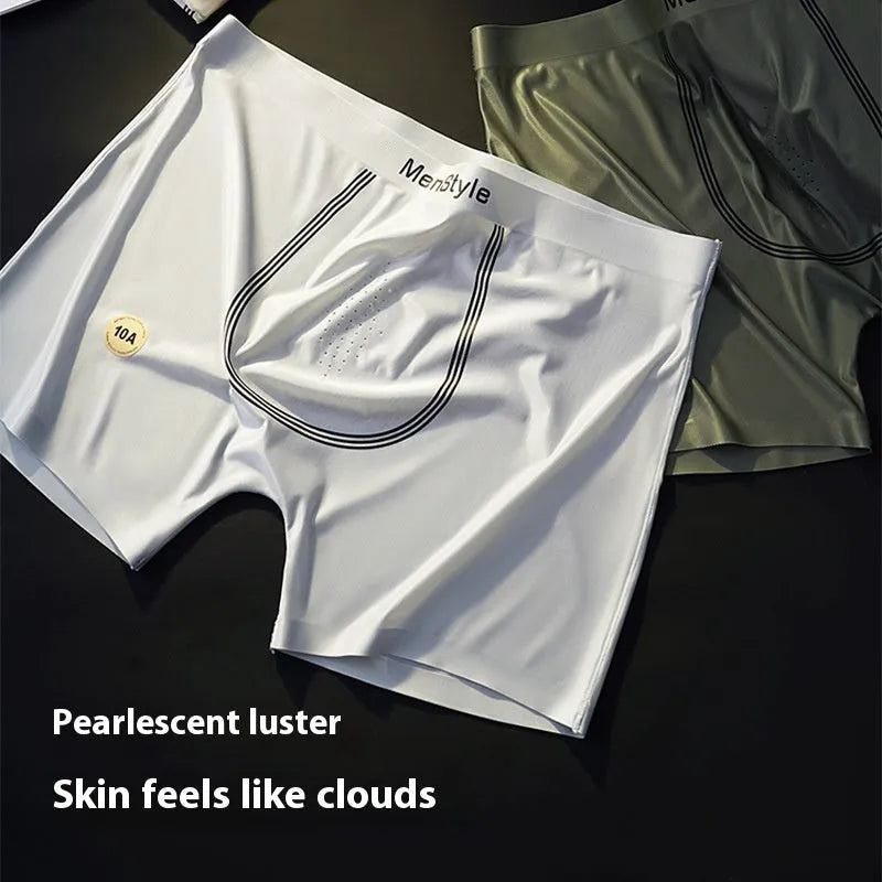 Men's seamless satin ice silk nylon boxers in mid waist cut, showing single-layer crotch detail.