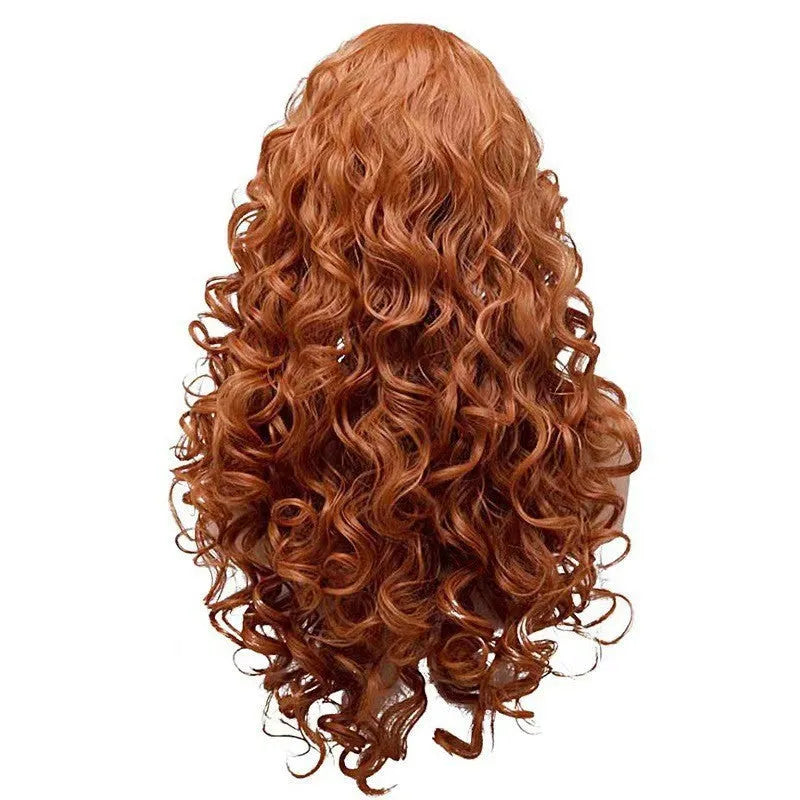 Brown long wavy curly wig with instant noodles fluffy texture on display head