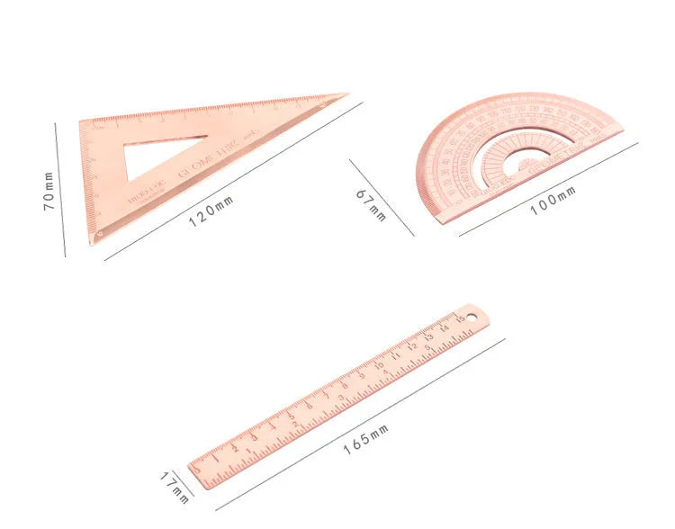 Stainless steel office ruler set with protractor, triangle plate, and 165mm ruler in rose gold finish, transparent sealing pocket