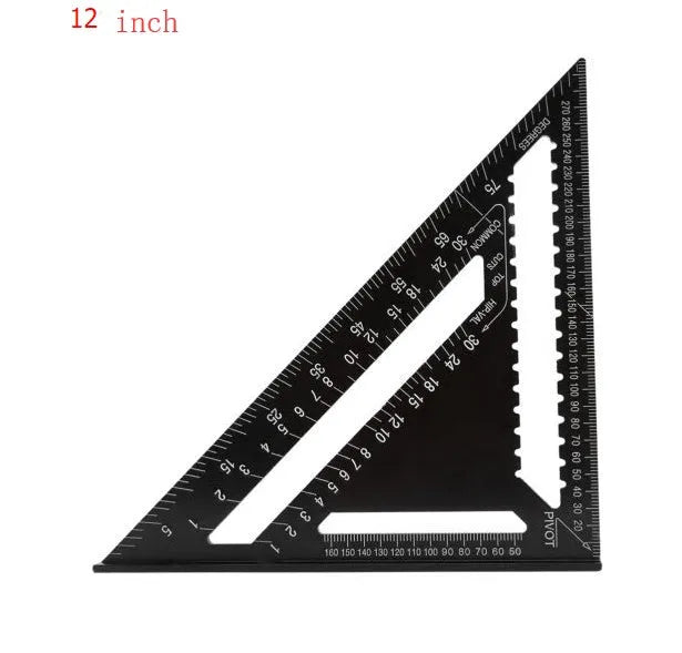 Black aluminium triangle ruler square showing 90-degree and 45-degree angles with measurement markings
