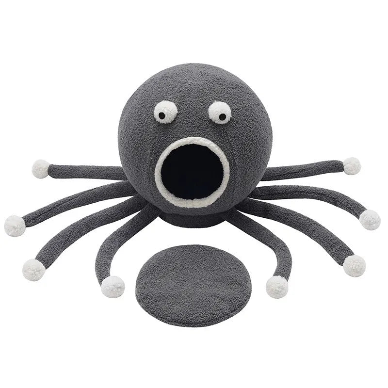 Plush octopus‑shaped cat nest in octopus colour, 40x40x42 cm, with raised eyes and soft cloth surface.