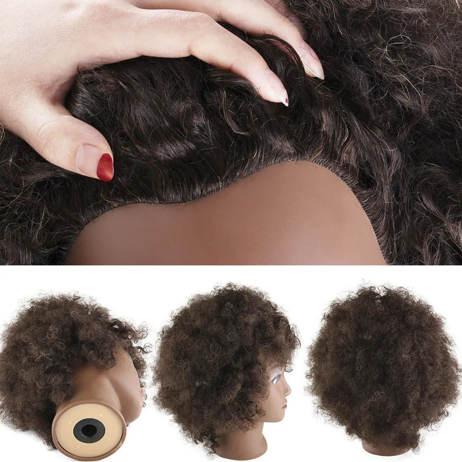 Black real human hair wig model with short harsh fluffy style on head mold base