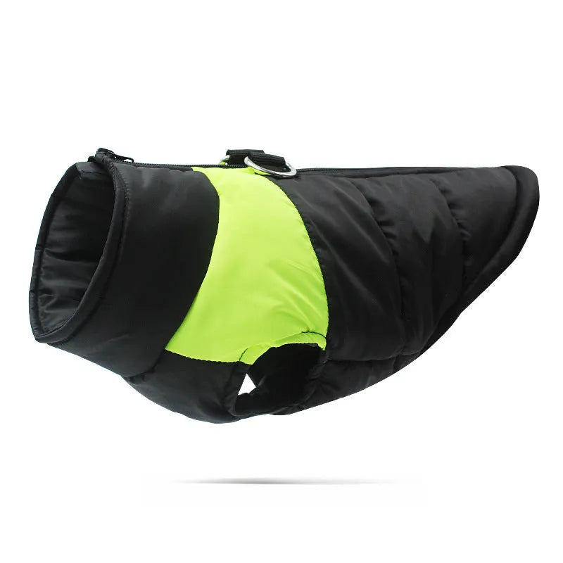 Winter waterproof padded dog jacket with front zipper in blue colour on size chart showing eight sizes