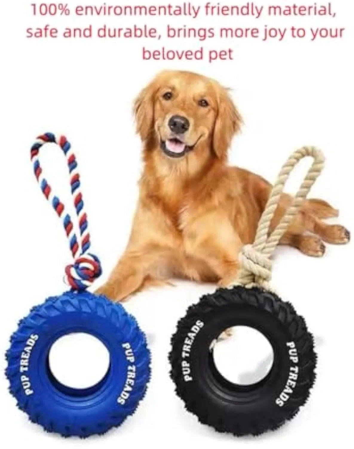 Black natural rubber tire dog toy with rope for aggressive chewers, large size 35x16 cm