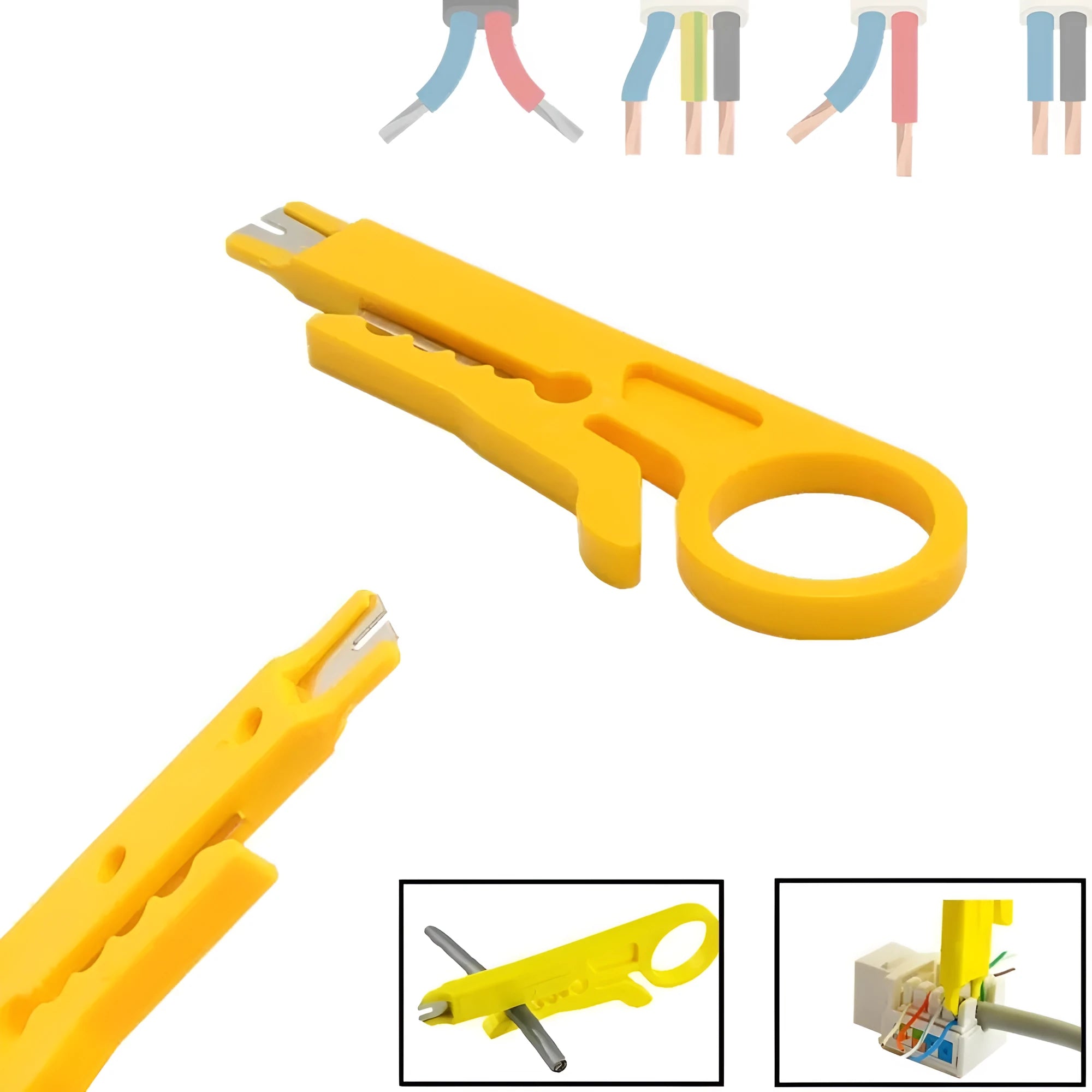 Yellow mini portable wire stripper tool with snap-in metal blade for 0.6mm cables.
