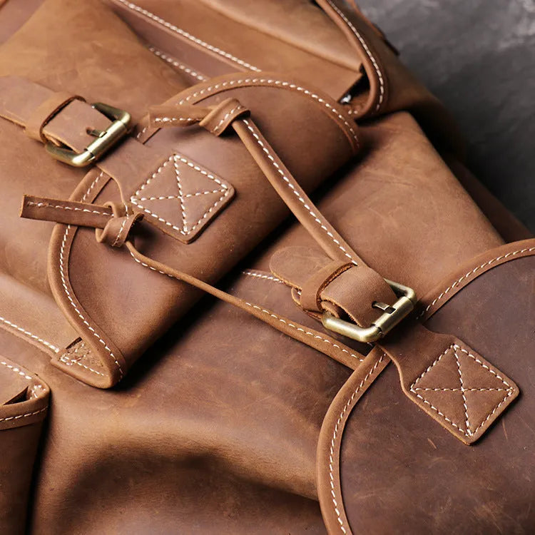Women crazy horse leather backpack oval shape black brown drawstring buckle flap pockets first layer cowhide
