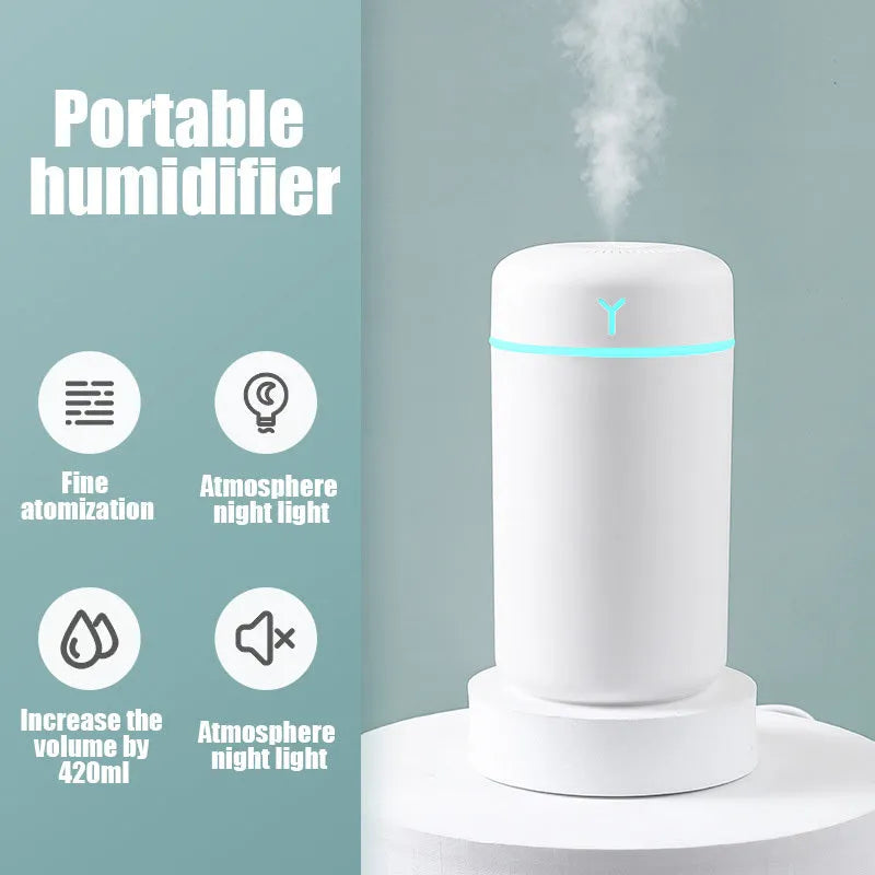 White columnar plastic desktop USB humidifier with single fog outlet for indoor use