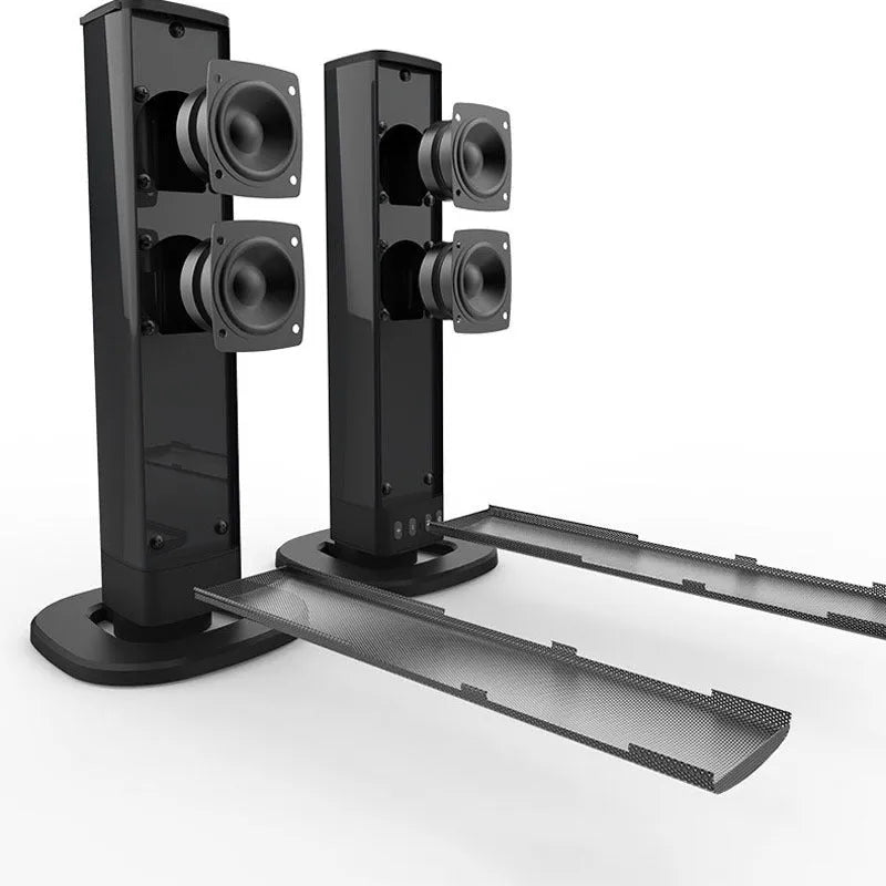 Black foldable split TV Bluetooth speaker system showing two plastic speakers with dimensions 490mm x 50mm x 50mm