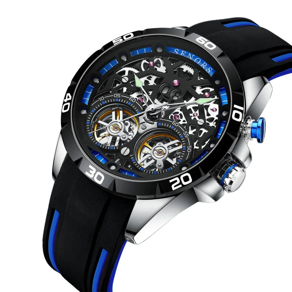 Men's automatic mechanical watch with luminous hands and hollow skeleton dial in blue colour