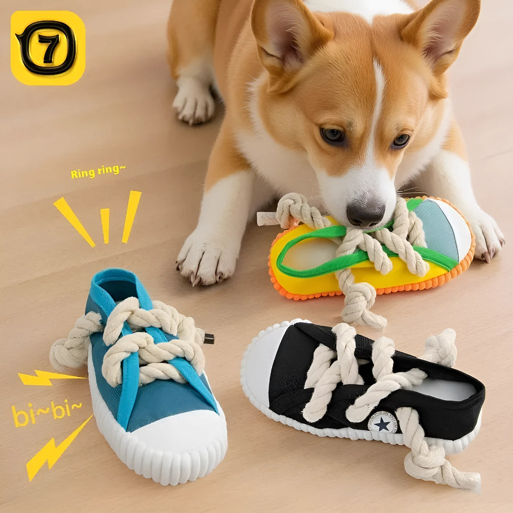 Plastic dog chew toy in yellow, black, or blue with a contoured shape for biting.