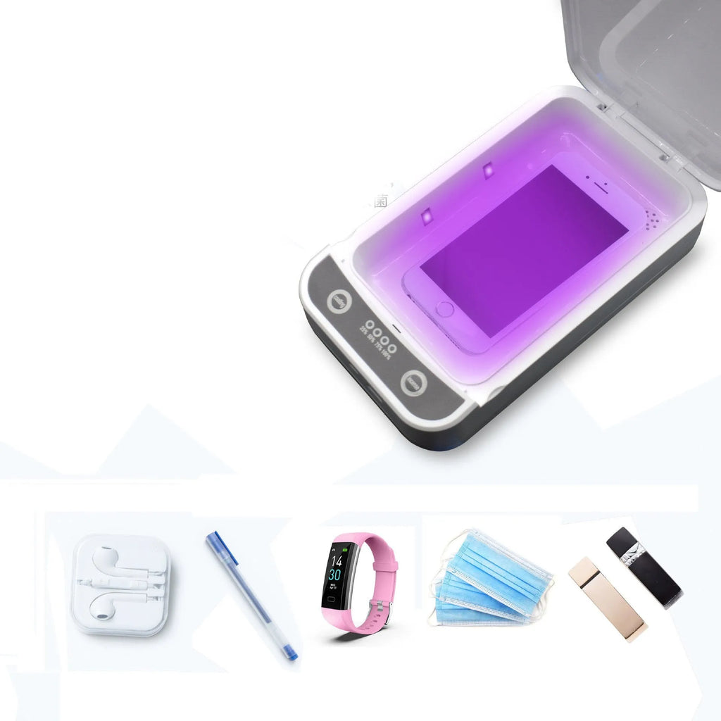 UV disinfection box with internal chamber for phones up to 6.5 inches, showing USB ports.