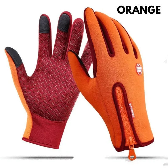 Pair of winter touch screen riding gloves in blue with polar fleece lining and antiskid grip for motorcycle use
