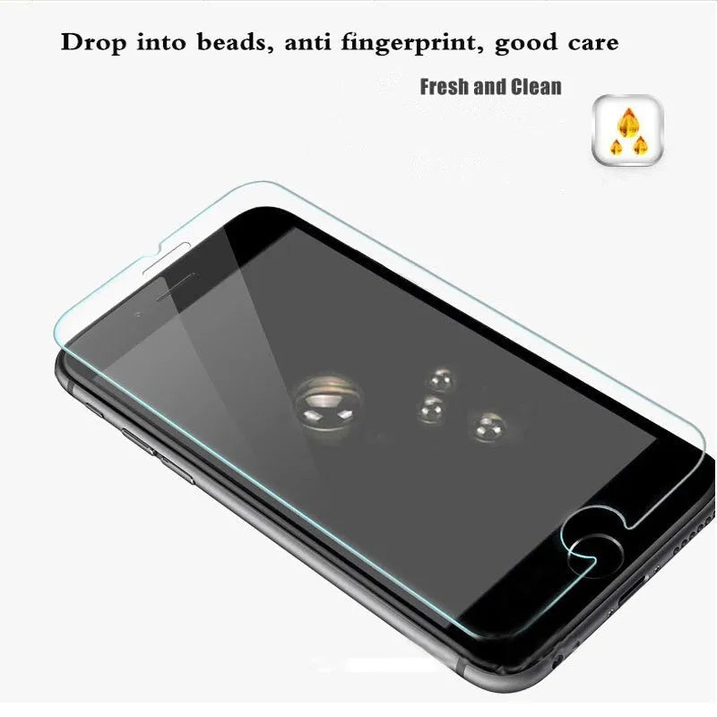 Tempered glass screen protector for mobile phone with 9H hardness and oleophobic coating.