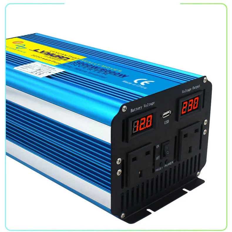 Blue 3000W pure sine wave power inverter with digital display and British Standard sockets