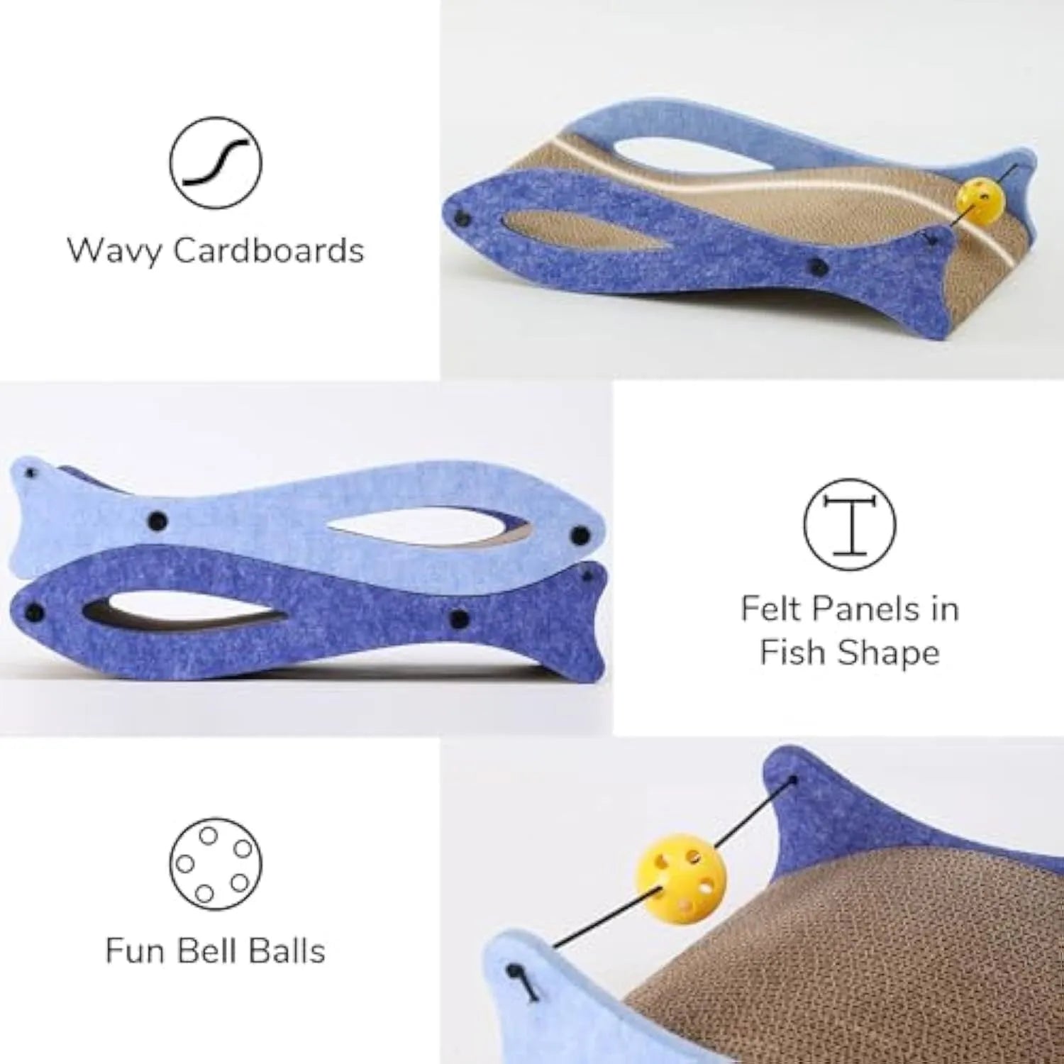 Blue fish-shaped cardboard cat scratcher lounge with a hanging red ball toy.