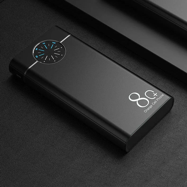 Black 20000mAh alloy portable power bank with LED flashlight showing size scale