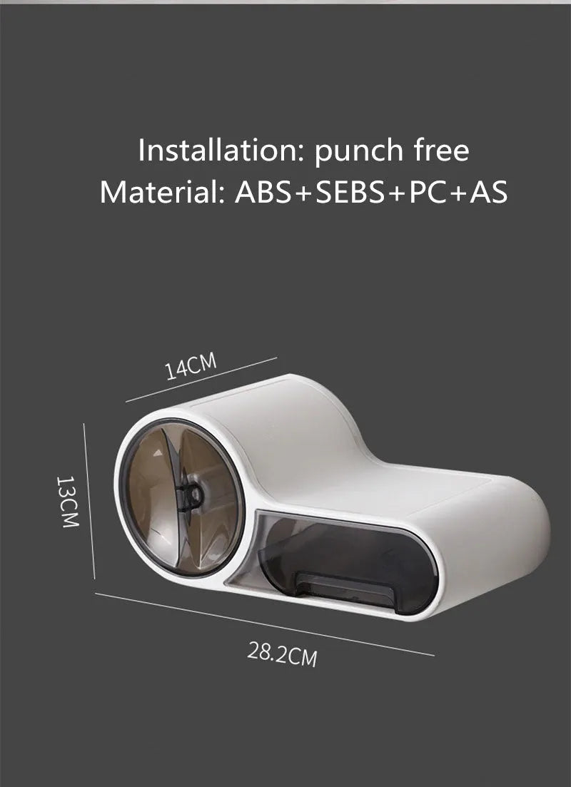 White plastic toilet roll holder with curved design on bathroom surface