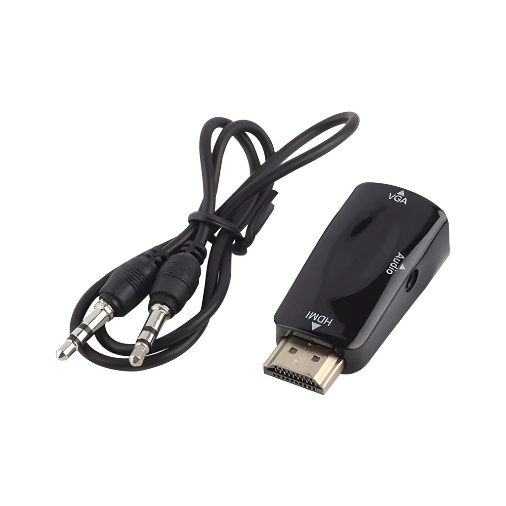 Black and white HDMI to VGA adapter cable converter showing compact size