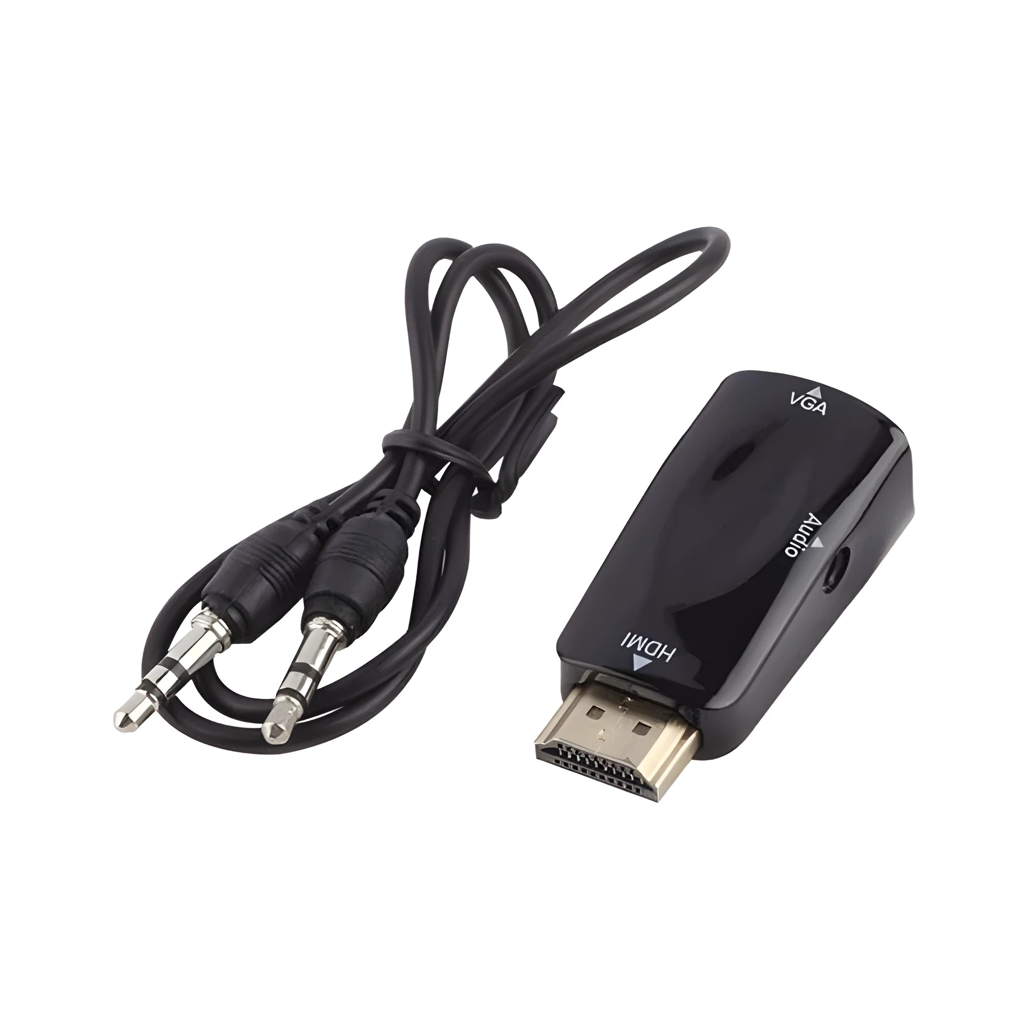 Black and white HDMI to VGA adapter cable converter showing compact size