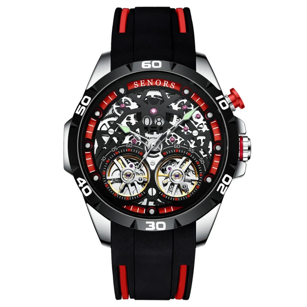 Men's automatic mechanical watch with luminous hands and hollow skeleton dial in blue colour