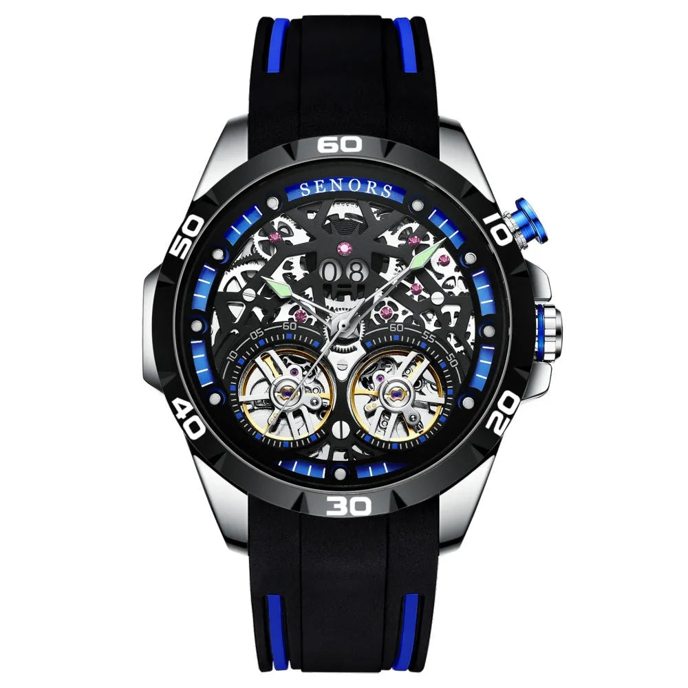 Men's automatic mechanical watch with luminous hands and hollow skeleton dial in blue colour