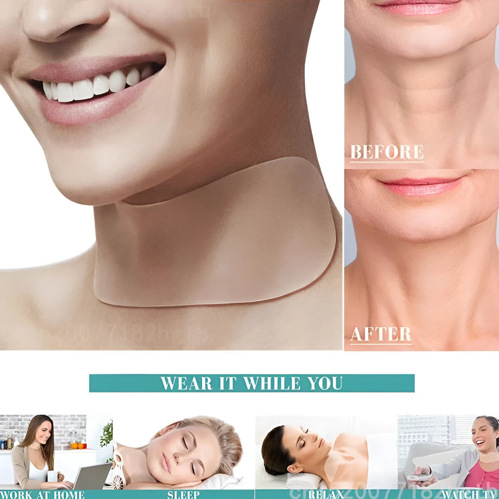 Transparent anti-wrinkle silicone neck pad measuring 200x60mm with gel texture, placed on a flat surface