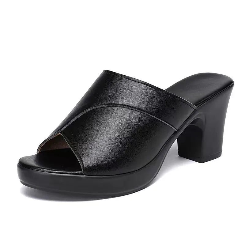 Women's peep-toe sandals with PU upper, thick sole, and slip-resistant rubber outsole in black