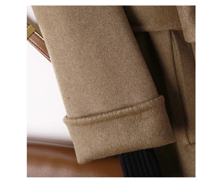 Men's wool coat with a long suit collar shown in black and caramel colours.