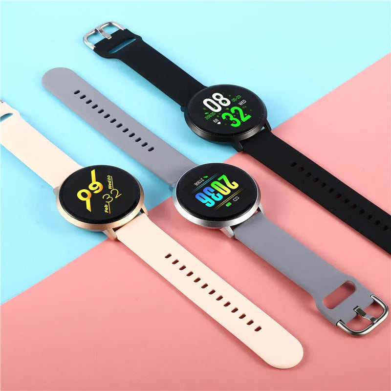 Ultra-thin waterproof smart health bracelet with black silicone strap and touch screen.