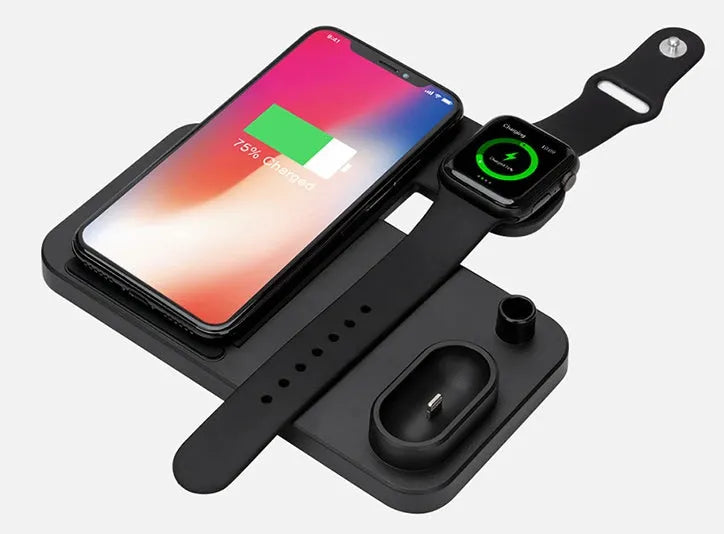 Black 4-in-1 wireless charging dock with phone on adjustable stand, Apple Watch and AirPods on charging modules