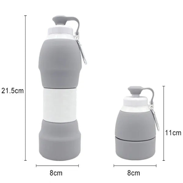 Blue silicone folding water bottle shown at full 22cm height and folded to 11cm height