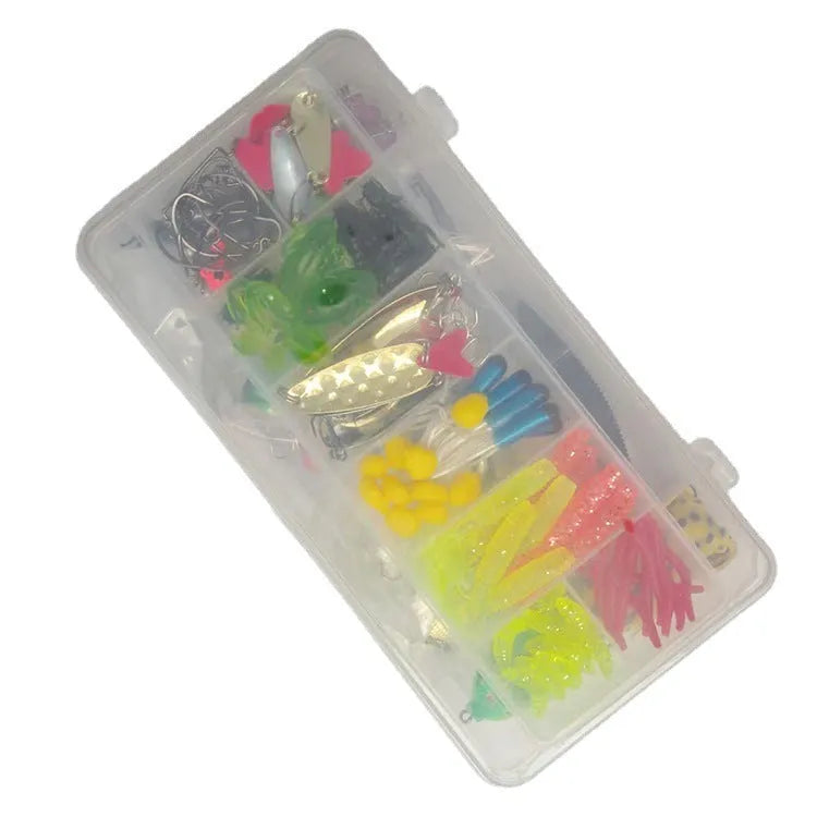 142-piece fishing lure suit with hard minnow baits, sequin spinners, and metal fishing pliers laid out on a table.