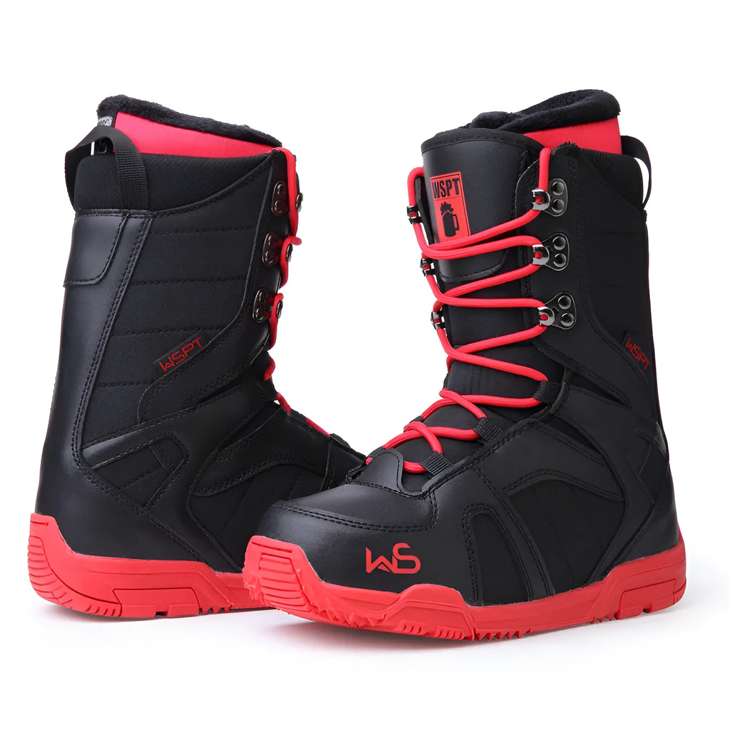Men's black ski boots with tie closure, rubber outsole, EVA midsole, and shock-absorbing insole, sizes 35 to 45.